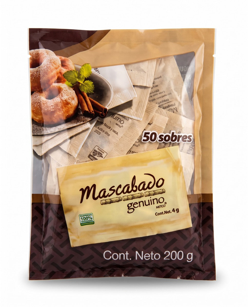 Azúcar Mascabado Genuino Metco bolsa con 50 sobres de 4 g, 200 g