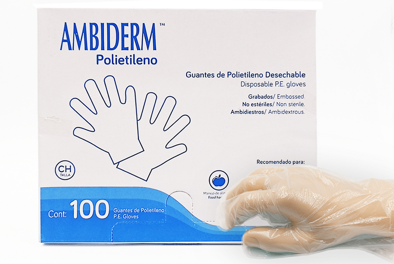 Guantes Plasticos Ambiderm GDE Desechables con 100 pzas